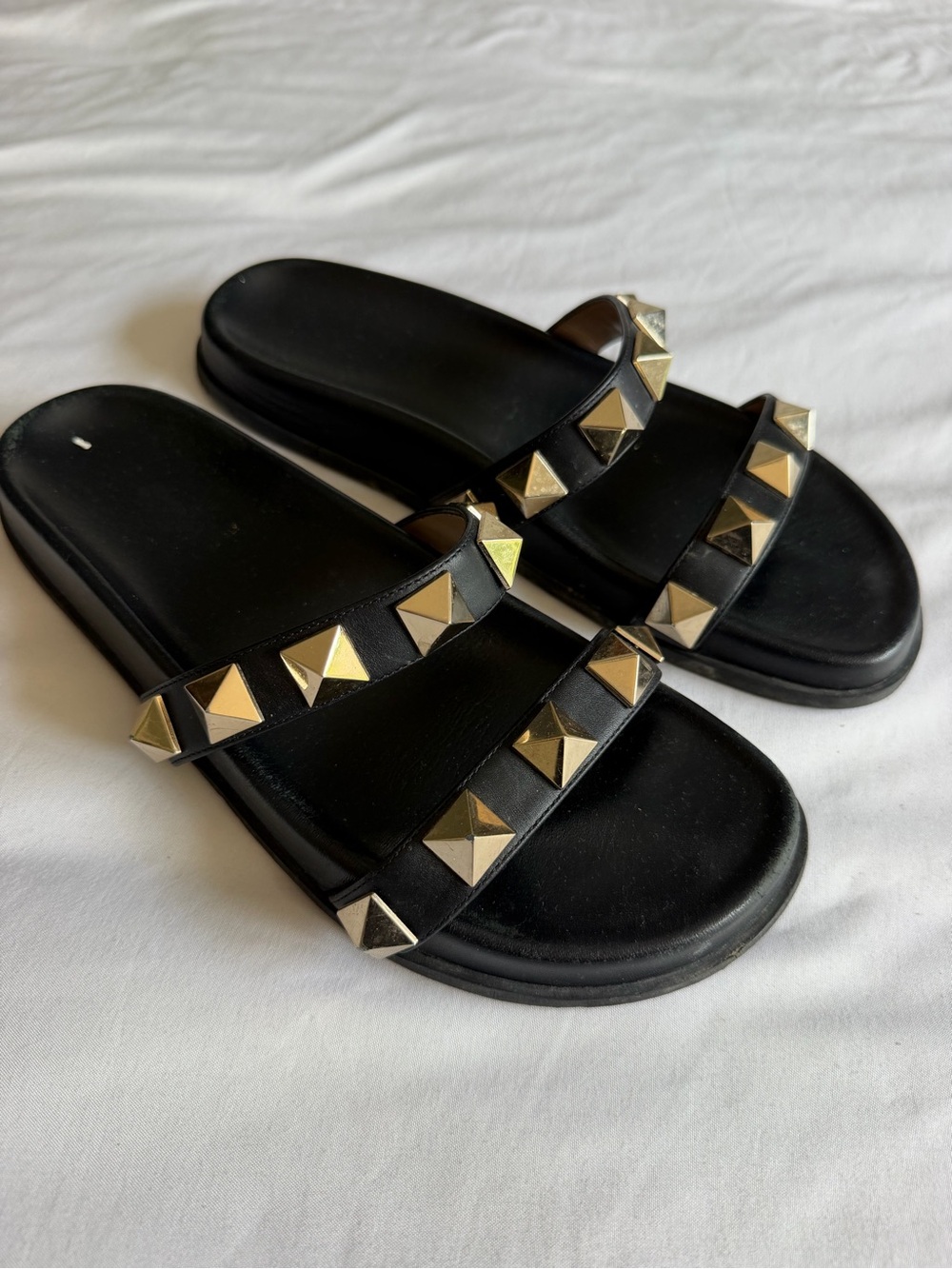 Valentino Rockstud Black Metallic Studded Double-Strap Slide Sandals 38